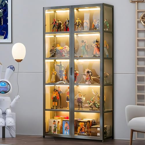 5-stöckige Vitrine Stehend, Curio-SchräNke, Bücherschrank mit Türen, Transparente Acryltüren,Sammlervitrine für Wohnzimmer, Büro, Bücher, Spielzimmer, Schwarz (80 x 32 x 165cm) (Graue Doppeltüir)