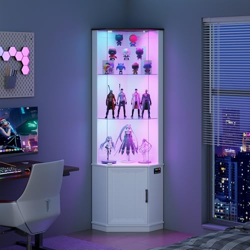 Lvifur Eckvitrine mit LED Beleuchtung und Schubladen für Sammlerstücke,Wein,3-Lagen Glasvitrine Vitrine Vitrinenschrank mit Intelligente Sensorik für Wohnzimmer,Schlafzimmer