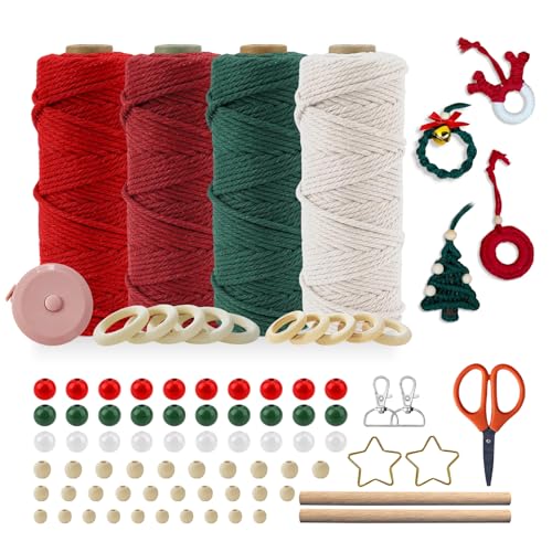 Makramee Garn Set Weihnachten - 3er 3mm 50m Makramee Garn Rot Grün Weiß mit 82 Zubehör, Kreativset Erwachsene Frauen für DIY Weihnachtsschmuck, Topp Kreativ Set für Makramee Blumenampel Selber Machen