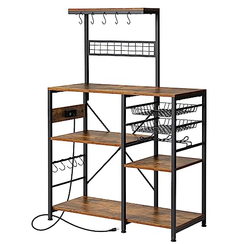 LUSIMO Bäckerregal mit Steckdose, 5 Etagen, Mikrowellen-Ständer mit Netzkorb, Becherhalter für Küche, Kaffee, Bar, Station für Gewürztöpfe und Pfannen, Organizer