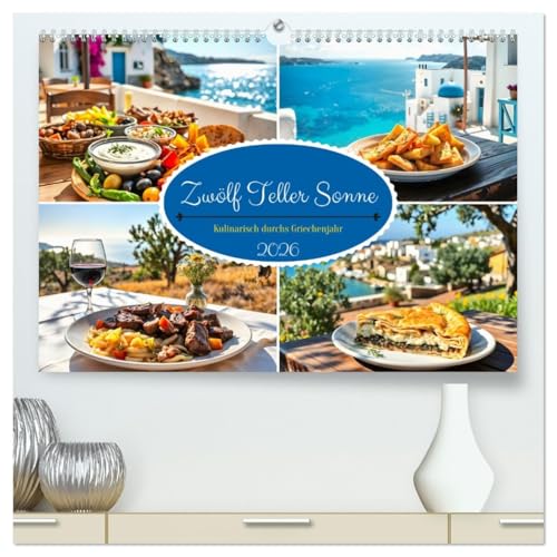 Zwölf Teller Sonne – Kulinarisch durchs Griechenjahr (hochwertiger Premium Wandkalender 2026 DIN A2 quer), Kunstdruck in Hochglanz