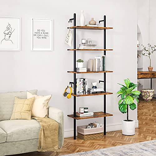 Bestier Bücherregal gegen Wand mit 5 Regal 180 x 60cm Hoch Würfelregal mit Metallrahmen Bücherschrank Vintage Standregal Leiterregal Book Shelves für Wohnzimmer Schlafzimmer Büro Küche, braun