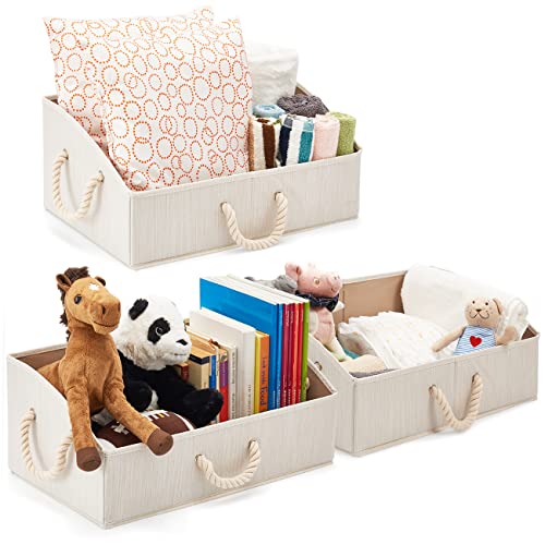 EZOWARE Baumwolle Aufbewahrungsbox, Trapezoid Aufbewahrungskorb mit Starken Griffen - 3er Set (Beige)