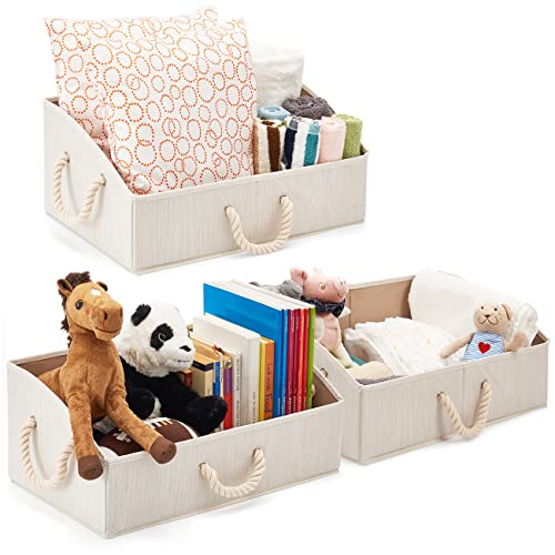 EZOWare Baumwolle Aufbewahrungsbox, Trapezoid Aufbewahrungskorb mit Starken Griffen - 3er Set (Beige)