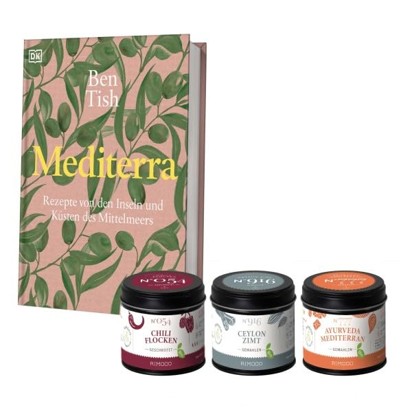 Rimoco Gewürze Geschenkset aus Gewürzen + Das Kochbuch 'Mediterra ' - bestehend aus Chiliflocken N°054, Bio Ayurveda Mediterran N°777 und Bio Ceylon Zimt N°916