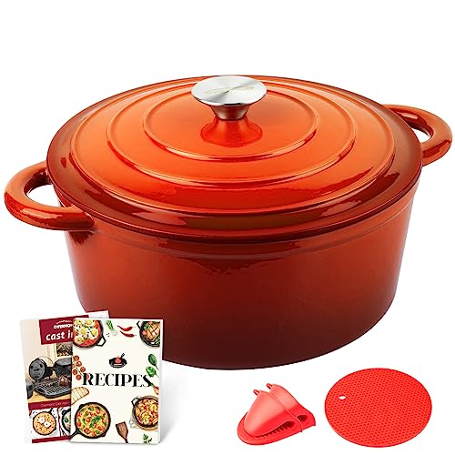 Overmont Kasserollen Bräter Ø 26 cm Schmortopf Emaille Gusseisen mit Deckel Kochbuch für Küche Backen Schmoren Braten Eintöpfen Orange