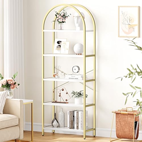 OPULENTHOME Regal Gold, Bücherregal 5 Ebenen, Standregal aus Metall, Aufbewahrungsregal, Bogenförmig Bücher Regal für Wohnzimmer Schlafzimmer Arbeitszimmer Büro,180x60x28CM