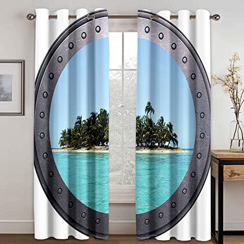 SHATOS 2Er Set Vorhang Blickdicht H 140 X B 110 cm 100% Verdunklungsvorhänge Mit Ösen Kälteschutz & Hitzeschutz, 3D Blauer Ozean, Grüne Inseln Gardinen Kinderzimmer Junge Mädchen Schlafzimmer Fenster