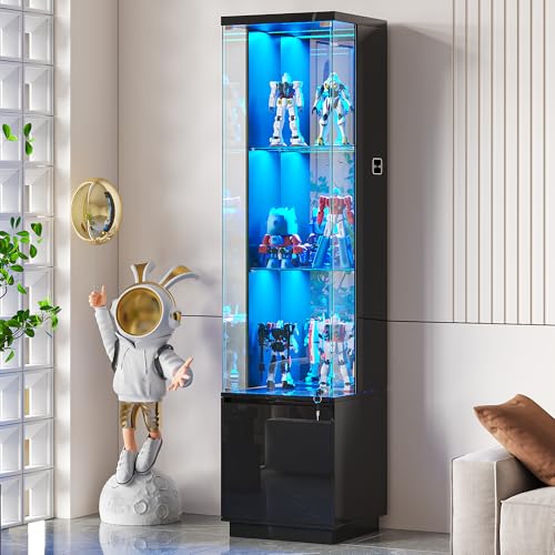 Lvifur Glasvitrine mit LED Beleuchtung und Schubladen,Vertikale Vitrine mit Intelligente Sensorik,Glas Holz Vitrinenschrank 3-Lagen Sammlervitrine für Sammlerstücke,Wein,Wohnzimmer,Schlafzimmer