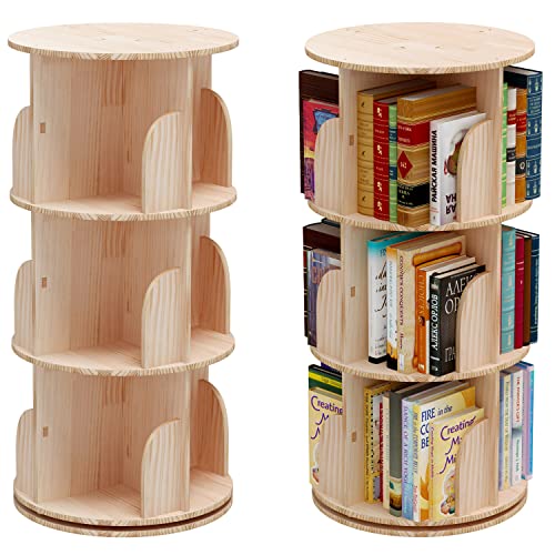 PTUWODS Drehbares Bücherregal, Standregal, 360 Grad, Lagerregal für Bibliothek, Schlafzimmer, Wohnzimmer, Büromultifunktionales Bücherregal Massivholz (3 böden)