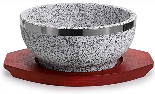 Granitsteinschüssel mit Holzsockel, Bibimbap-Schüssel, Reiskocher, Keramiktopf, Auflauf, Topf für Suppe, Reis, Eintopf, Steindurchmesser 16 cm (Steindurchmesser 20 cm (8 Zoll))