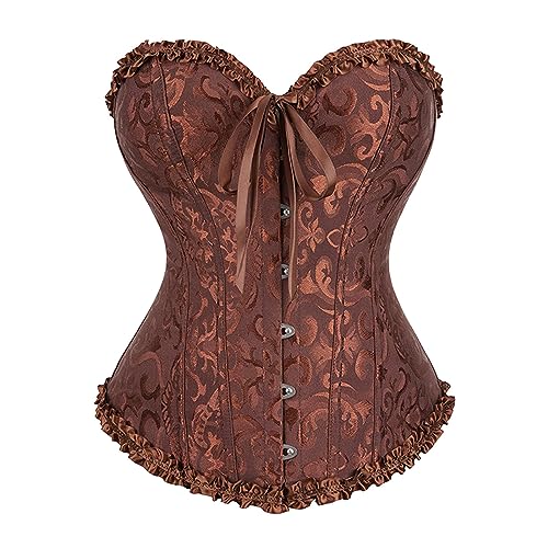 Korsett für Damen, Überbrustkorsett, Bodysuit, sexy Vintage, Gothic, Party, Blumenmuster, schmales Korsett, Bustier, Korsett, coffee, 3XL