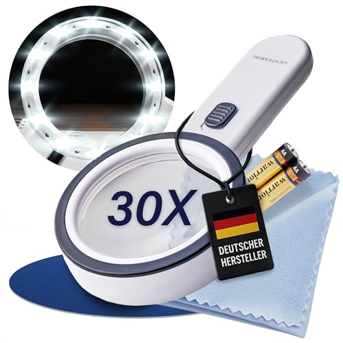 LICHTENBERG Leselupe mit Licht & Batterien - Helle LED Beleuchtung für scharfes Lesen - Breiter Griff für Komfortables Halten - Klare Vergrößerung mit wenig Verzerrung an den Rändern