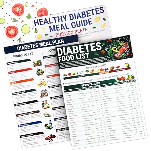3 Stück Diabetes-Lebensmittelliste Diagramm Mahlzeitenplaner für Diabetiker Lebensmittelbuch Gesundheit Mahlzeit Leitfaden Diagramme Typ 2 Diabetes Diätplan bedruckbar Diabetiker