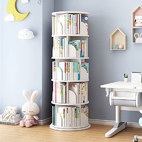 TONG TONG Bücherregal zur Bodenaufbewahrung, 5 Ebenen, 360° drehbares Bücherregal, einfach zu montierendes Bücherregal für das Heimbüro, stapelbares Kinder-Bücherregal – 46 x 46 x 158 cm (weiß)