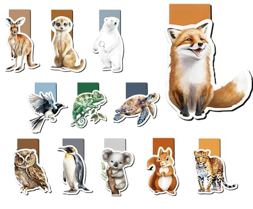 Magnetische Lesezeichen,12 Stück Lesezeichen Magnetische,Süsse Tiere Magnet Lesezeichen, Magnetische Seiten Markierungen für Schüler, Junge, Mädchen, Buchliebhaber-DW001