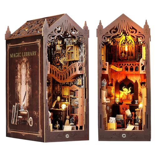 DIY Book Nook Kit, 3D Miniatur Haus Kit, Holzpuzzle Buchstütze Mit Sensorlicht und Möbeln, Puppenhäuser Miniatur Haus Kit für Bücherregal Deko, Buch Ecke Miniatur Kit Geschenken für Erwachsene Teens