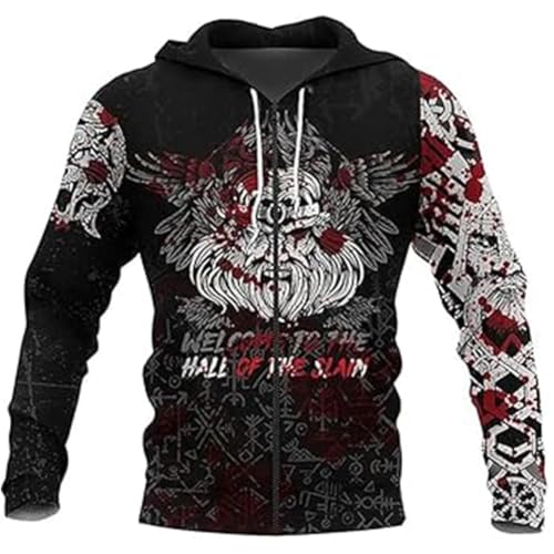 yayoitimes Nordic Vintage Odin Harajuku Jacke, Mittelalterliche Wikinger Walhalla 3D-Druck Paar Punk Street Plus Size Sportbekleidung, Herbst Pagan Fenrir Vegvisir Reißverschluss Top(Odin D,S)