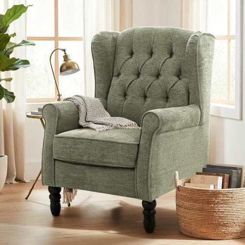 COLAMY Mid-Century Modern Sessel Wohnzimmer, Gepolsterter Wingback-Sessel mit Knopfsteppung, loungesessel Bezug aus Gewebe mit Massivholzbeinen für Wohnzimmer, Büro, Café - Grün