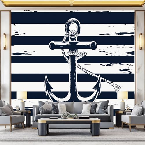 Fototapete Marineblaue Streifen Vliestapete Nautisch Bootshaken – 3D Luxuriöse Moderne Wandtapete für Wohnzimmer Schlafzimmer Büro Tapezier-Ratgeber 450 x 280 cm (W x H)