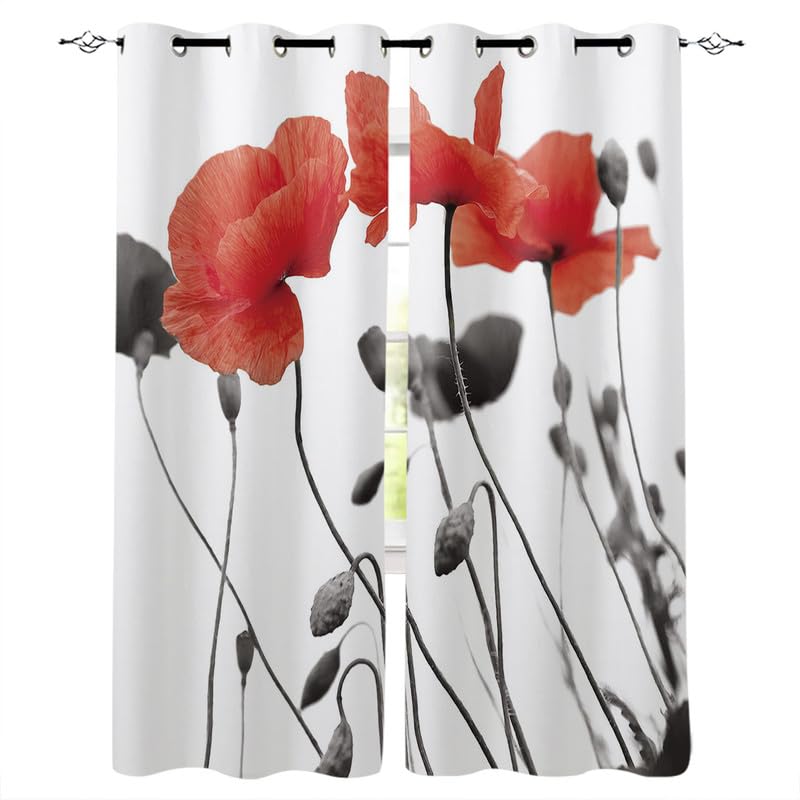 Rptidmv Vorhänge mit Ösen Mohnblume Modern Blickdichte Vorhang Thermovorhang - Kälteschutz Verdunklungsvorhänge für Wohnzimmer Schlafzimmer Gardinen Küche 2Er Set 140 x 215 cm (BxH)