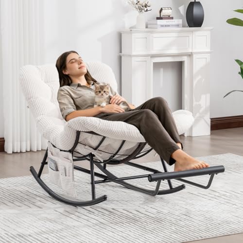 MARSBIRD Schaukelstuhl mit Verlängerbarer Fußhocker, Indoor & Outdoor-Rattansessel ohne Armlehnen mit Kissen und Seitentasche, Rutschfesten Füßen, für Wohnzimmer, Balkon, Schlafzimmer, Beige Cord