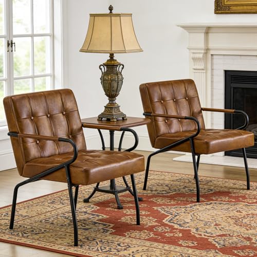 Hellove Loungesessel Wohnzimmer mit Metallbeinen, 2er Set Ohrensessel Vintage PU Leder, Moderner Relaxsessel mit Gemütlicher, Bequemer Polsterstuhl Ledersessel Lesesessel für Schlafzimmer, Braun