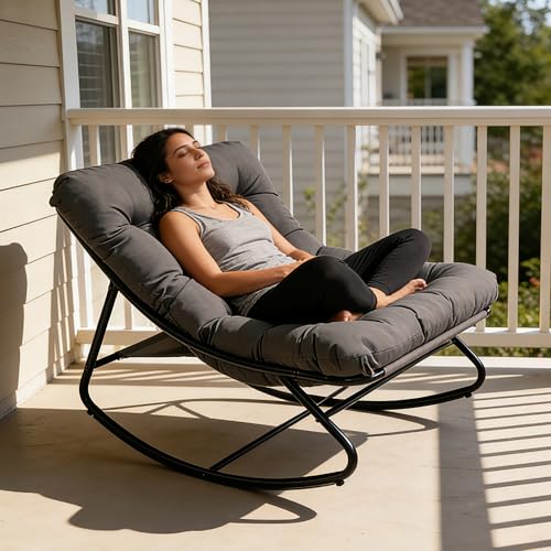 HavenGlide Schaukelstuhl für drinnen & draußen mit Kissen, XXL Schaukelsessel mit Hocker, Outdoor Lounge Sessel, Relaxsessel Relaxstuhl bis 150 kg Belastbar für Garten Balkon Wohnzimmer (Grau)