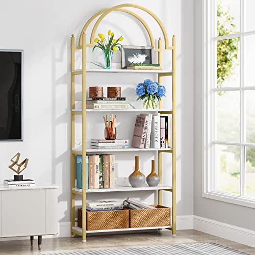 Tribesigns Regal, Bücherregal mit 5 Ebenen Metall-Bücherregal für Schlafzimmer, Gewölbtes Bücherregal mit Weißem Künstlichem Marmorfurnier, Moderne Offene Bücherregale - Gold