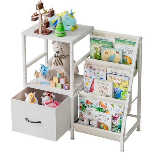 KZOBYD Kinderregal Bücherregal Kinder, 2-stufig Spielzeugregal mit Schublade, Kinderbücherregal mit Stoffregalen, Spielzeugaufbewahrung für Spielzimmer, Schlafzimmer, 79 * 30.5 * 73 cm