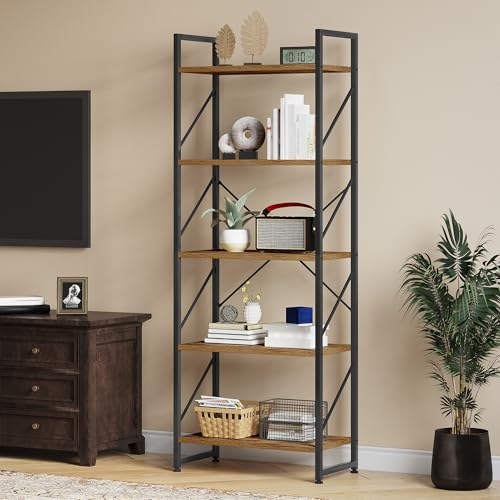 YITAHOME Bücherregal mit 5 Ebenen, Industrielles Standregal Aufbewahrungsregale für Wohnzimmer Bücher Schlafzimmer Büro Küche Zeitschriften, Vintagebraun