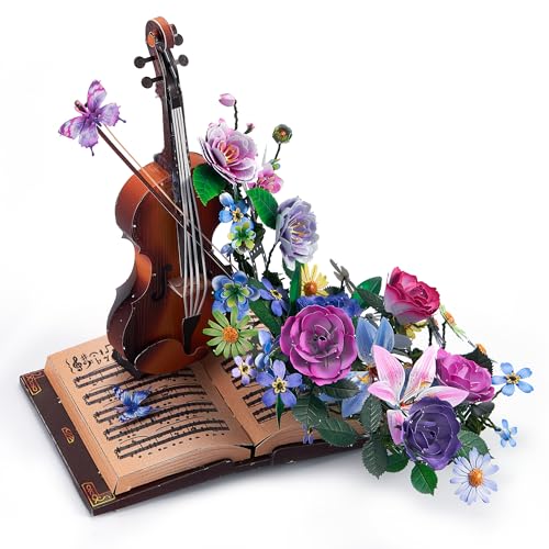 Metall 3D Puzzle Für Erwachsene,DIY Set Modellbausatz Erwachsene,Geige Home BüCherregal Bookshelf Deko Set Mit Blumen,Metall Bausatz Hobby Erwachsene Für Frauen,MäNner,Sie & Er
