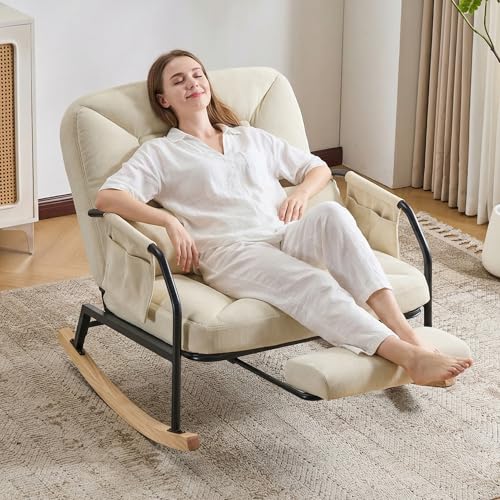 EBELLO Schaukelstuhl mit Fußstütze, Schaukelsessel mit Verstellbarer Rückenlehne bis 160°, Cordstoff Lesesessel mit Seitentasche Relaxstuhl Tragfähigkeit 150 kg mit Holzkufen für Wohnzimmer, Beige
