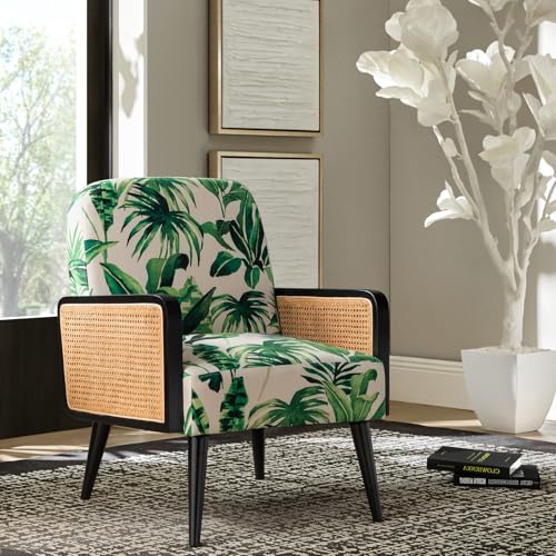 HULALA HOME Gemütlicher Polstersessel mit Rattan-Design Sessel mit Massivholzbeinen Moderner Lesesessel für Wohnzimmer und Schlafzimmer, Grün