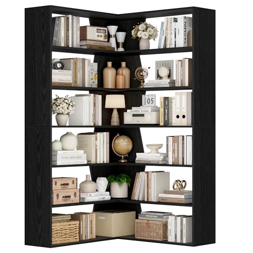 FirFurd 190 cm Eckregal stehend Bücherregal Eckbücherregal mit 6 Ebenen, L-förmiger Eckschrank Hochschrank Bücherschrank Eckvitrine für Arbeitszimmer Wohnzimmer Küche, 90x90x190.5cm, schwarz