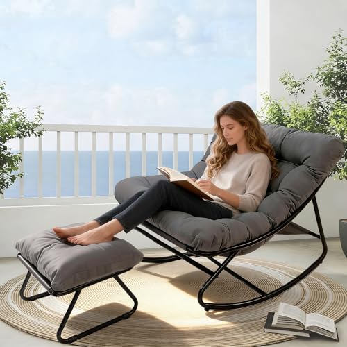 AlpineAura Schaukelstuhl mit Hocker Outdoor Lesesessel Schaukelsessel Wohnzimmer Relaxstuhl mit Gepolsterter, Outdoor Patio Schaukelstühle aus Metall, bis 150 kg, für Garten, Hof, Terrasse