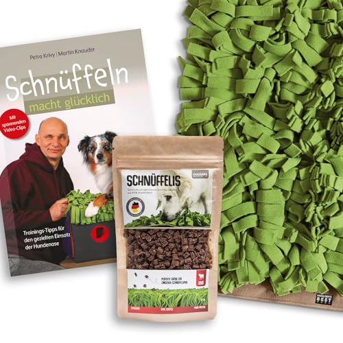 KNAUDER'S Best - Schnüffelteppich für Hunde in 60cm x 60cm + Buch Schnüffeln Macht glücklich + Hundeleckerli Schnüffelis - 1x 100g Rind Snacks - Hundezubehör Made in Germany