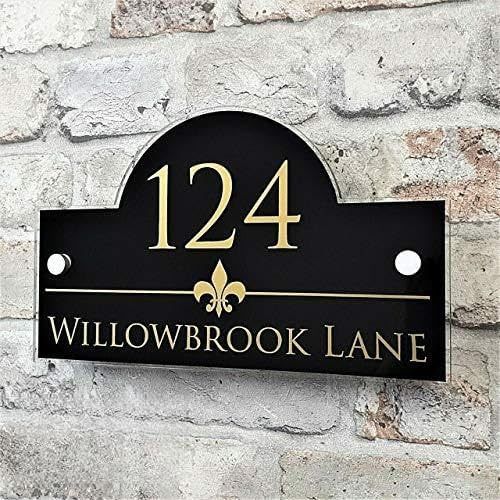 Trohollis Hausnummernschild,Hausnummer Edelstahl Moderne Türnummer/Adressschild aus Glas und Acryl for den Außenbereich anpassen(Gold Black,100x140mm)