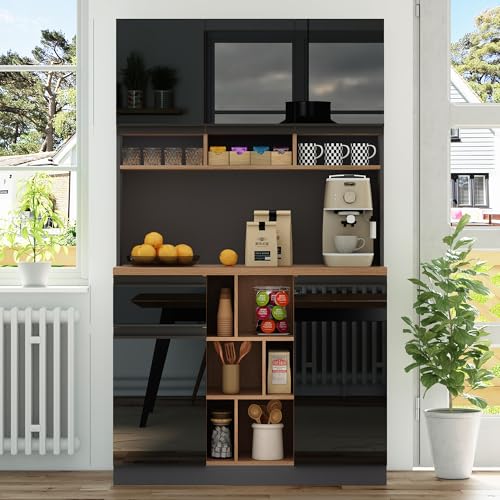 Küchenschrank, Buffet, Sideboard, Metallgriffe,verstellbare Regale,Schubladen,offener Stauraum, Kippschutzzubehör, geeignet für Küche, Wohnzimmer, 105×45×185cm (Schwarz)