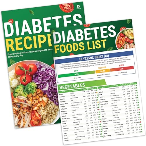 2 Stück Diabetes-Lebensmitteldiagramm & Rezeptführer – glykämischer Index, Kohlenhydrate, Kalorien, 112 Diabetiker-Rezepte, für Typ 1 und 2, niedrige GI-Diät