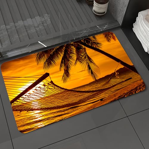 KDWJS Badematte rutschfest Super Absorbierende Badezimmerteppich,Waschbar Duschvorleger,Badewannen undBadezimmer,Tropisch, Silhouette Einer Hängematte am Meer am tropischen Strand bei Roman,40x60 cm