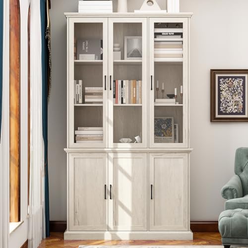 PREMTURE Bücherschrank Aktenschrank Büroschrank Vitrine Schrank Bücherregal Sideboard 117.6cm B Bücherschrank mit 3 Glastüren, Modernes Regal mit Einlegeböden, Bücherregal 40T x 117,6B x 207H cm