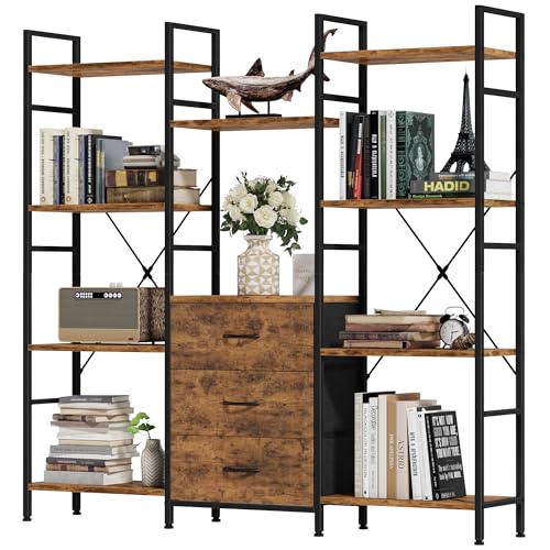 100W x142Hcm Bücherregal mit 4 Stoffschubladen, Standregal Bücher Regal Küchenregal für Wohnzimmer Büro Balkon Bookshelf Würfelregal Kitchen Storage Shelf Lagerregale Bookcase, Industrial Holz Style