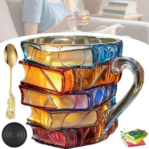 HNGKGJBL 2025 Bemalte Buchtasse, Neuartige 3D-Kaffeetasse Mit Bemalten BüChern, Einzigartige Kaffeetasse Im Stapelstil FüR HeißE Oder Kalte GeträNke, Mit LöFfel Und Untersetzer