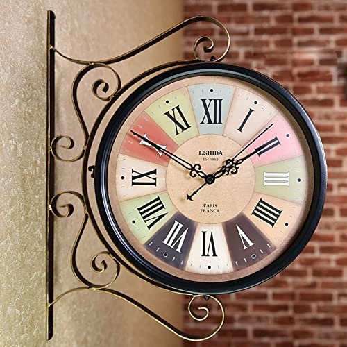 sjdoPulse Wanduhr Kunstuhr Outdoor Gartenuhren, Bahnhofsuhr Doppelseitige Hängeuhr Wanduhr Retro Vintage Bahnhofsuhr Outdooruhren Für Terrasse - Vintage Uhr Wanddeko,F