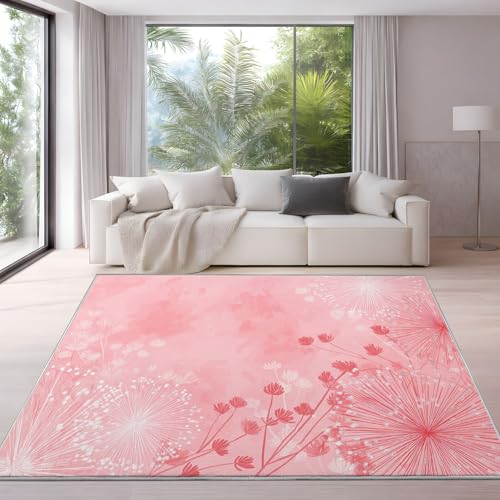 Generisch Fußmatte Für Den Innenbereich 120 x 150 cm, Maschinenwaschbar, Minimalistisch Elegant Roman Tisch Blumen, Rosa Teppich, rutschfest Niedriger Flor Teppiche Für Wohnzimmer und Küche