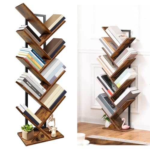 Tree Bücherregal, 9-stöckiges Eck-Bücherregal, Holz-Aufbewahrungs-Organizer für CDs, Zeitschriften, Bücher, Industrie-Stil, bodenstehende Regale für Wohnzimmer und Heimbüro
