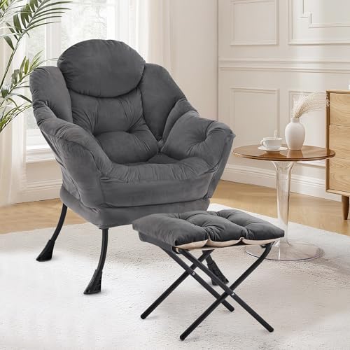 XH.Easy Go Lazy Chair mit Ottomane, Sessel Wohnzimmer Ohrensessel mit Hocker, Lesesessel Bequem Armchair Lounge Sessel mit Fußhocker, Relaxstuhl Relaxsessel mit Fußstütze, Dunkelgrau