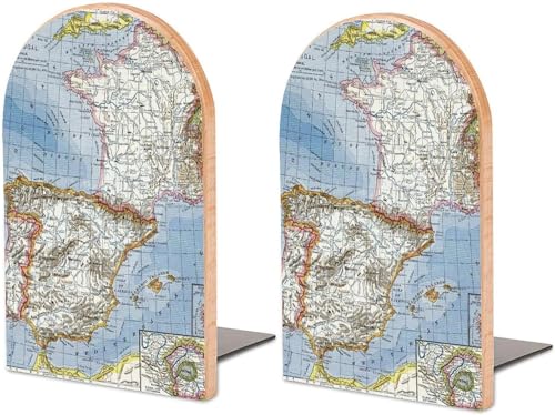 Frankreich Spanien Portugal Karte Buchstützen Robuste Buchstützen aus Holz für Regale zum Halten von Büchern Dekorativer Rutschfester Stabiler Bücherständer für die Dekoration zu Hause, im Büro, in d