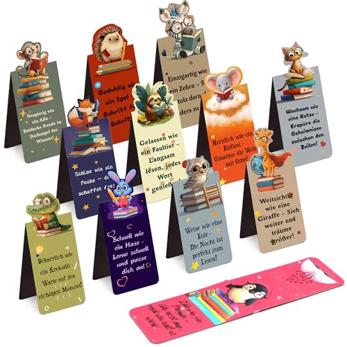 12er Set Magnetische Lesezeichen mit Brillen-Tieren & Deutschen Sprüchen – Starkes Buchzeichen für Jugendliche und Erwachsene, Ideal als Geschenk oder Mitgebsel